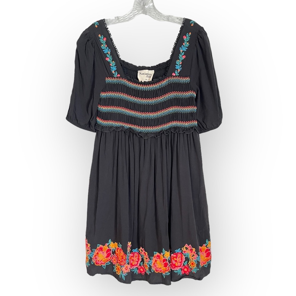 Savanna Jane Boho Babydoll Dress Floral Embroidered Smocked (N1)